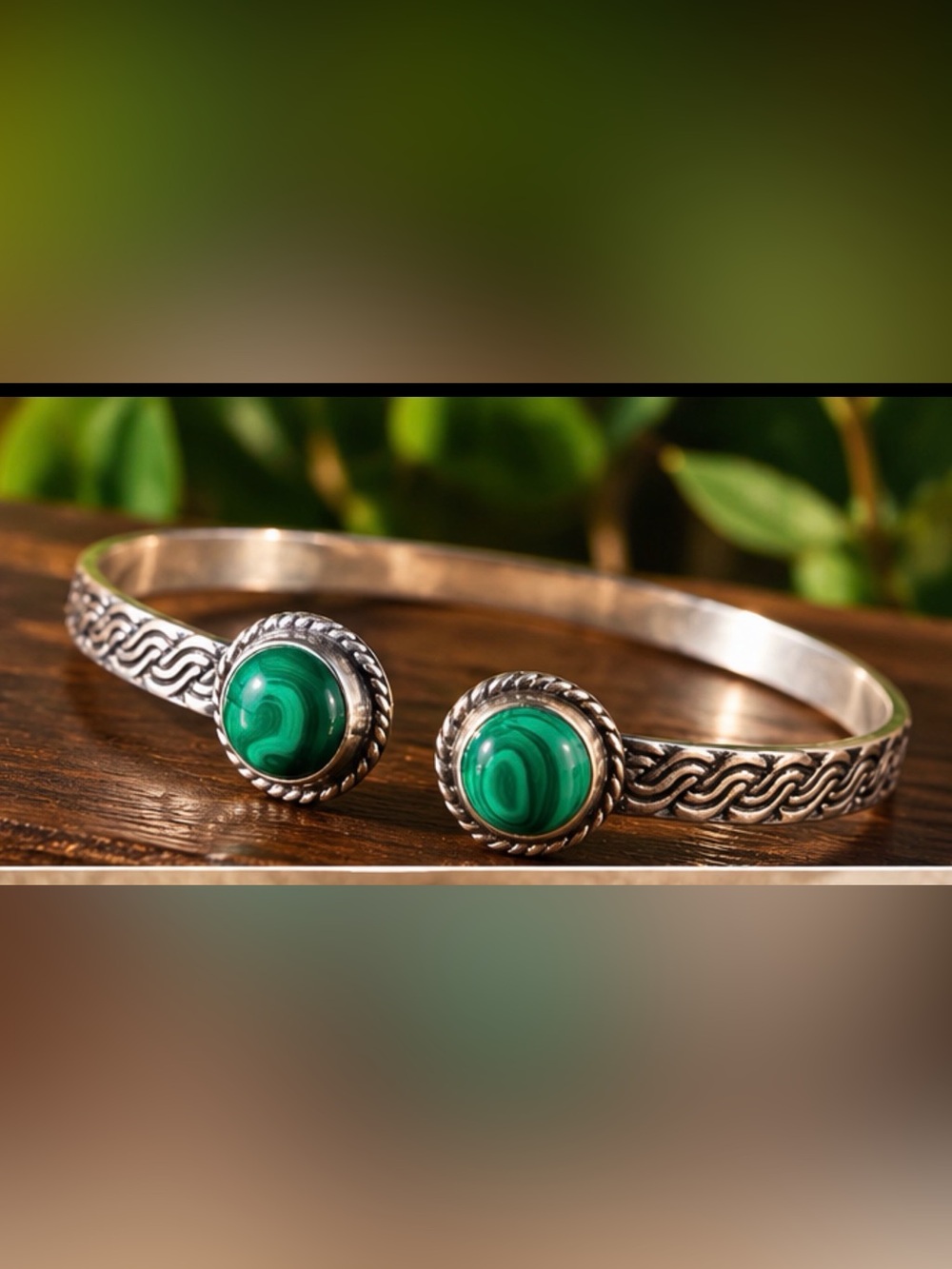 925 Sterling Silver plated Adjustable Cuff Bracelet with Green Malachite Stones